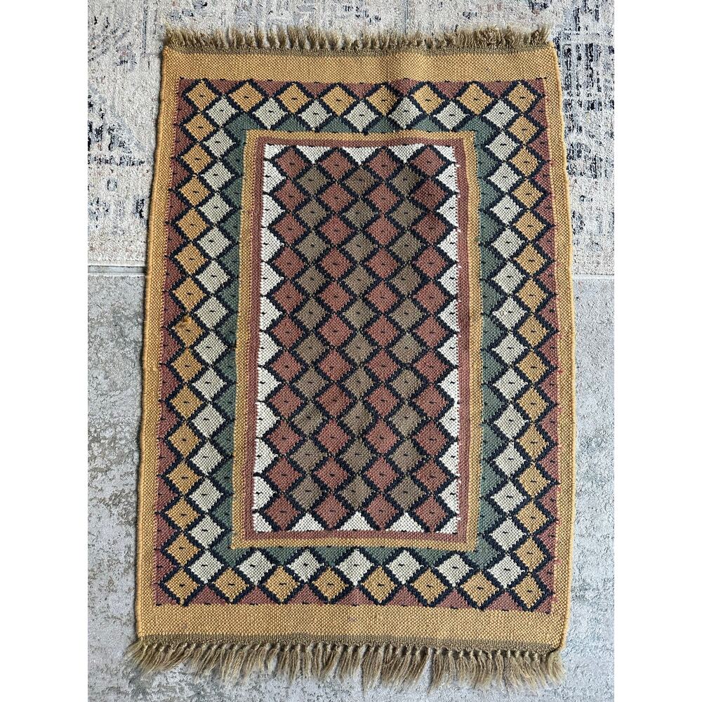 Vintage Turkish Kilim Rug Boho Aztec Rug 37x25” wool jute natural woven